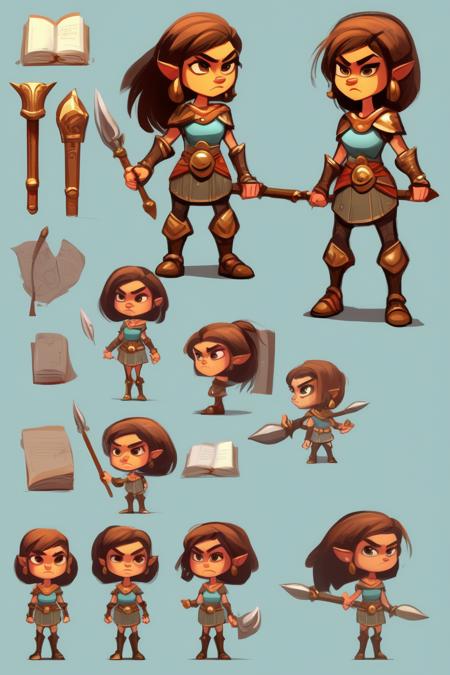 00332-2996140455-_lora_Character Design_1_Character Design - stylesheet female warrior with big head and small body in Cartoon-Style with book an.png